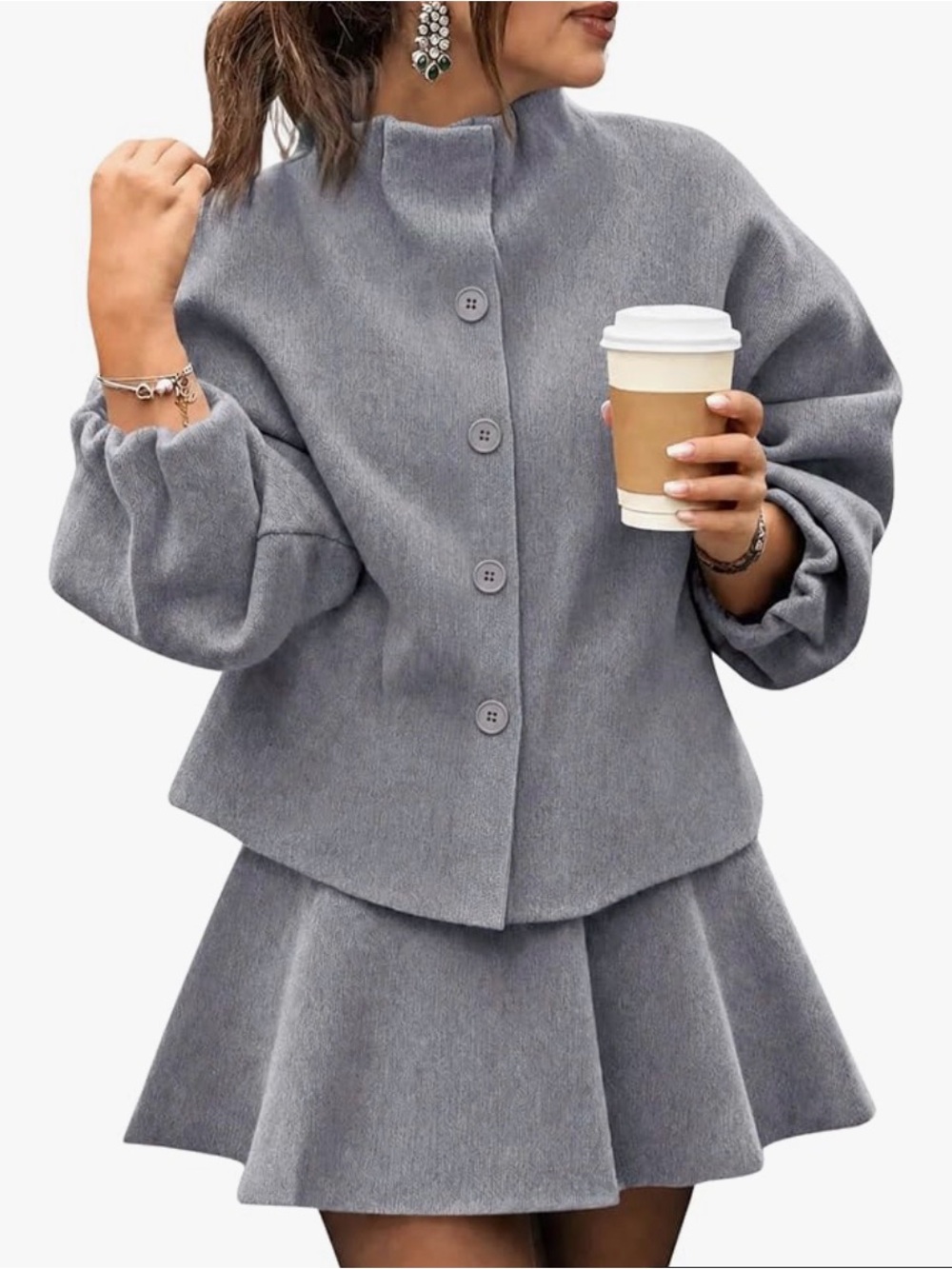 Grey Fleece Two-Piece Skirt Set – Cozy Flared Skirt & Button Jacket